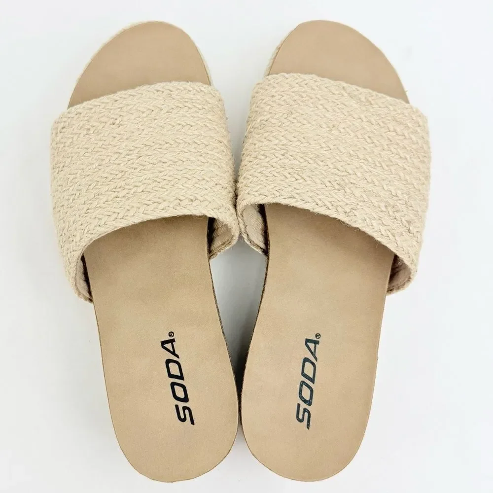 Soda PROCESS Beige Jute Open Toe Platform Espadrille Slide Sandals